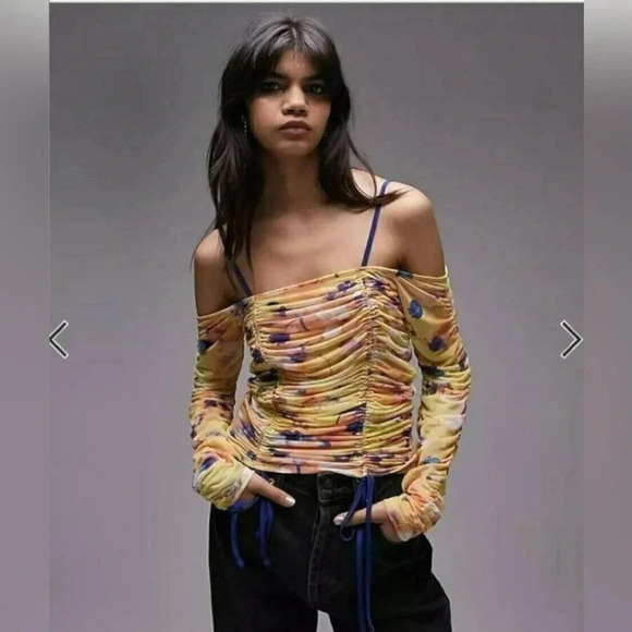 NWT! Topshop Long Sleeve Ruched Printed Mesh Top Yellow US 4-6 - Picture 1 of 5